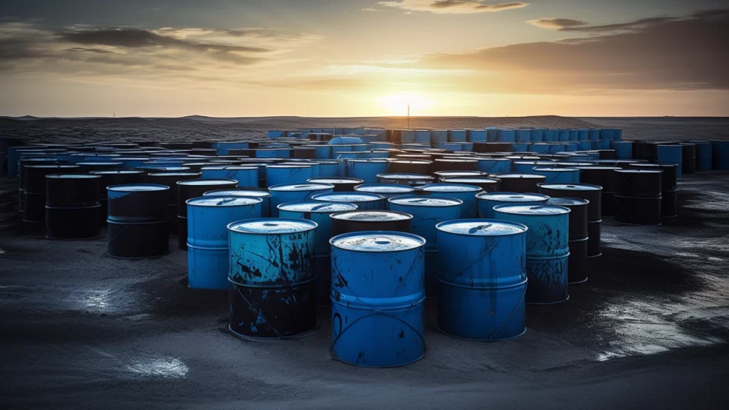 Blue barrels of oil at sunset