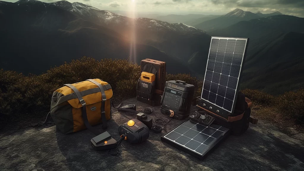 Different solar devices standing on a mountain